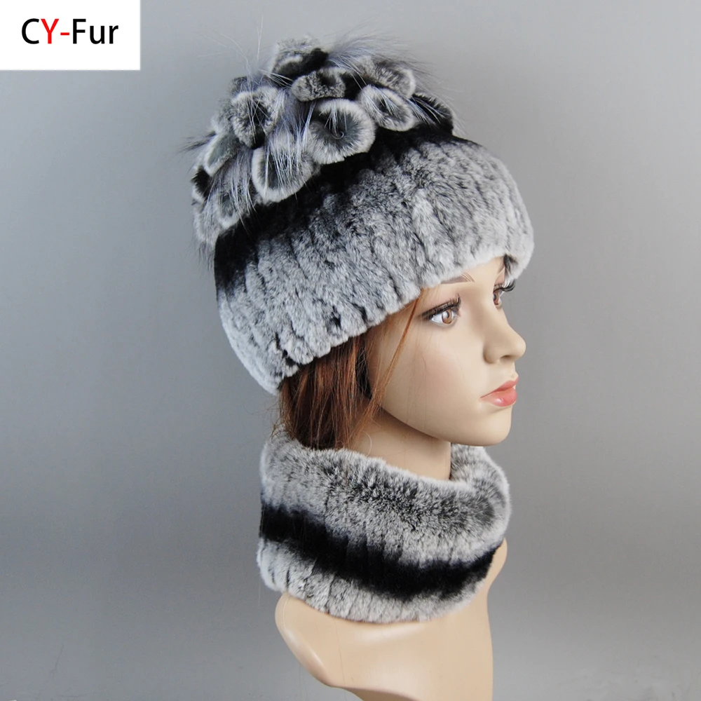 

Real Rex Rabbit Fur Hat And Scarf Set Women Winter Knitted Beanie Hat Natural Fur Skullies Beanies Woman Hat Female Cap Elastic