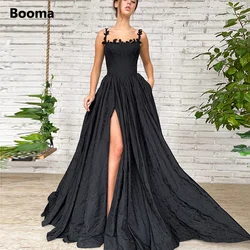 Booma Black Print Satin A-Line Prom Dresses Strapless Boned Basque High Thigh Slit Long Evening Dresses Formal Party Gowns