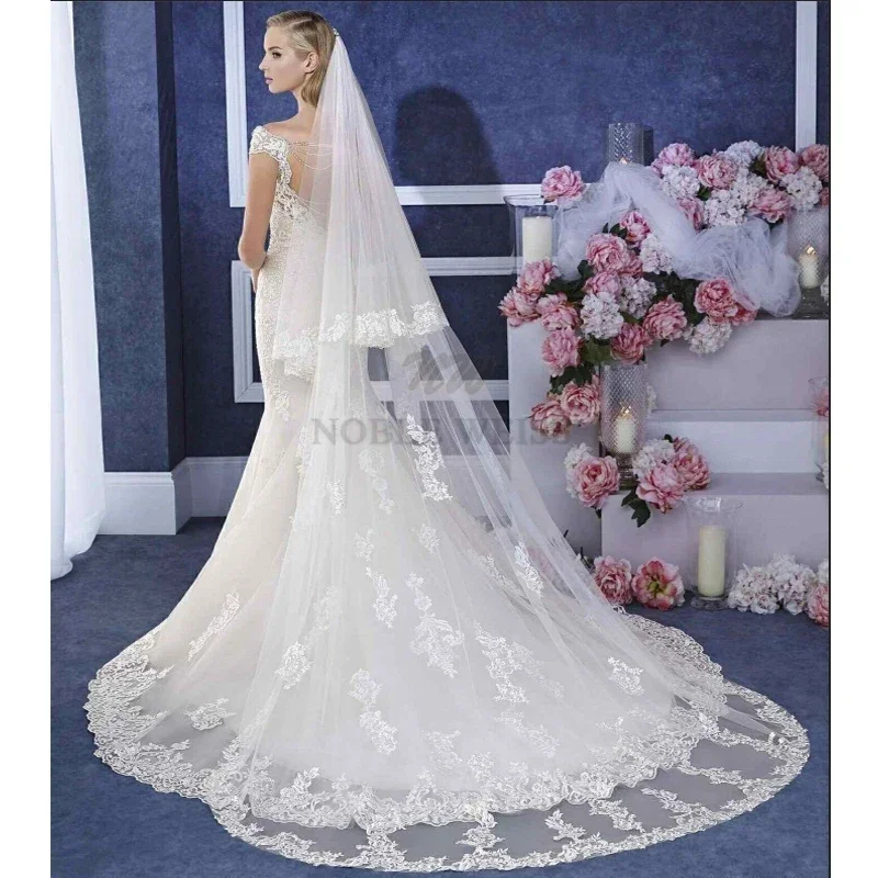 Long   2T Cathedral Wedding Veils With Comb Bridal Accessories Lace Bridal Veil Customized