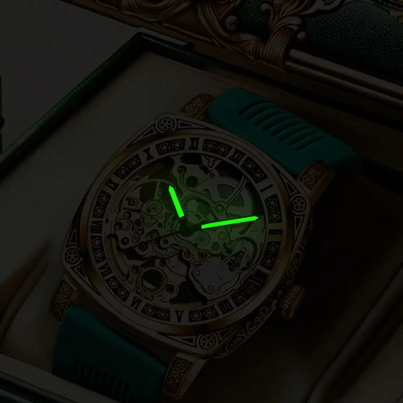 ساعة ميكانيكية راقية منحوتة بالذهب مجوفة عصرية ومضيئة للأعمال والترفيه أوتوماتيكية بالكامل