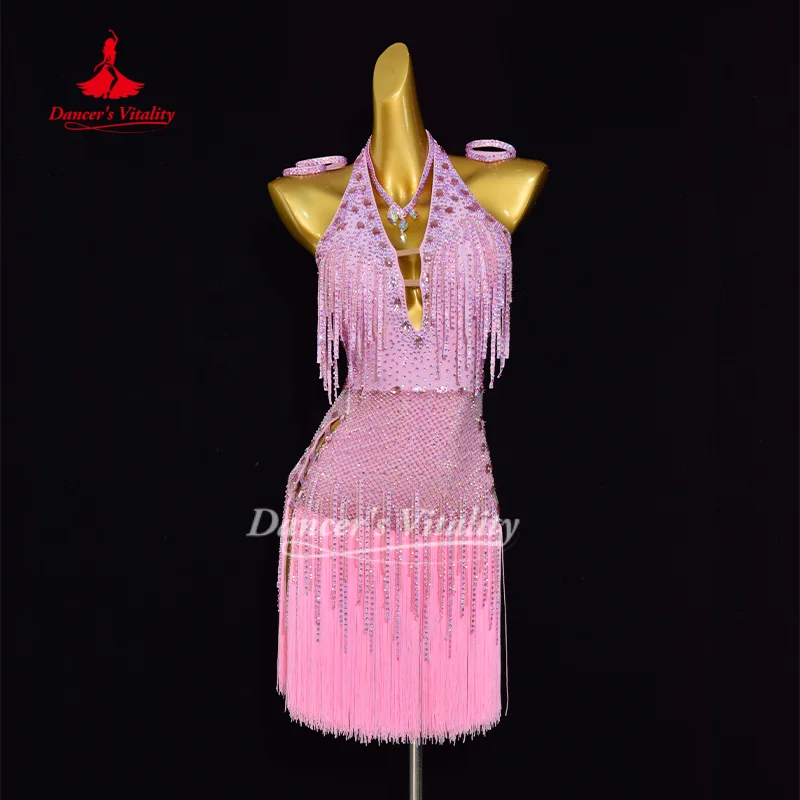 

Сексуальное платье для латиноамериканских танцев с открытой спиной и бахромой, индивидуальный пошив, для выступлений по ча-ча-ча, румбе, самбе, конкурсные платья, для танцовщиц