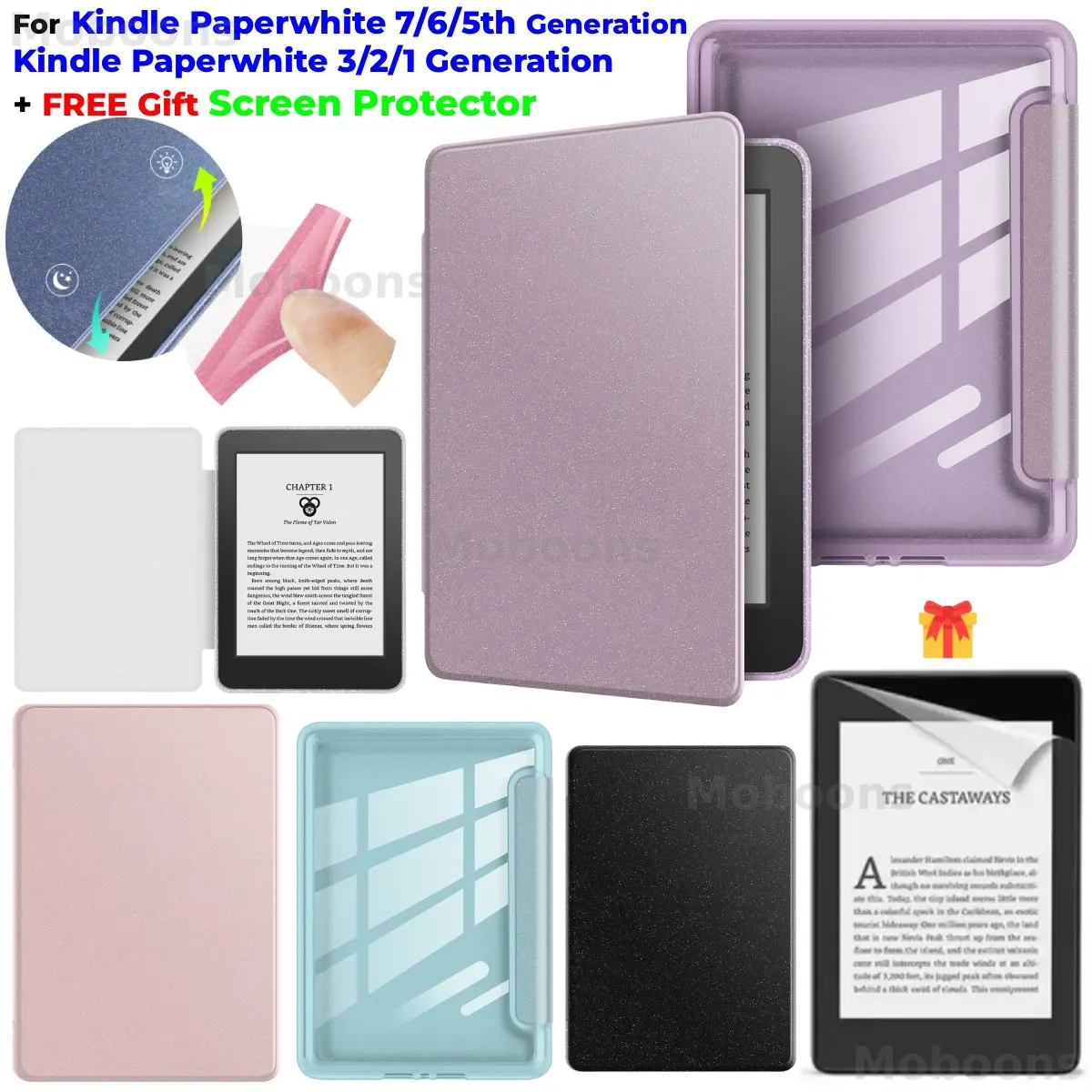 For Kindle Paperwhite 7/6/5th Gen Glitter Case+Screen Protector Sleep/Wake 6'' DP75SDI EY21 Paperwhite 3/2/1 PU Leather Cover