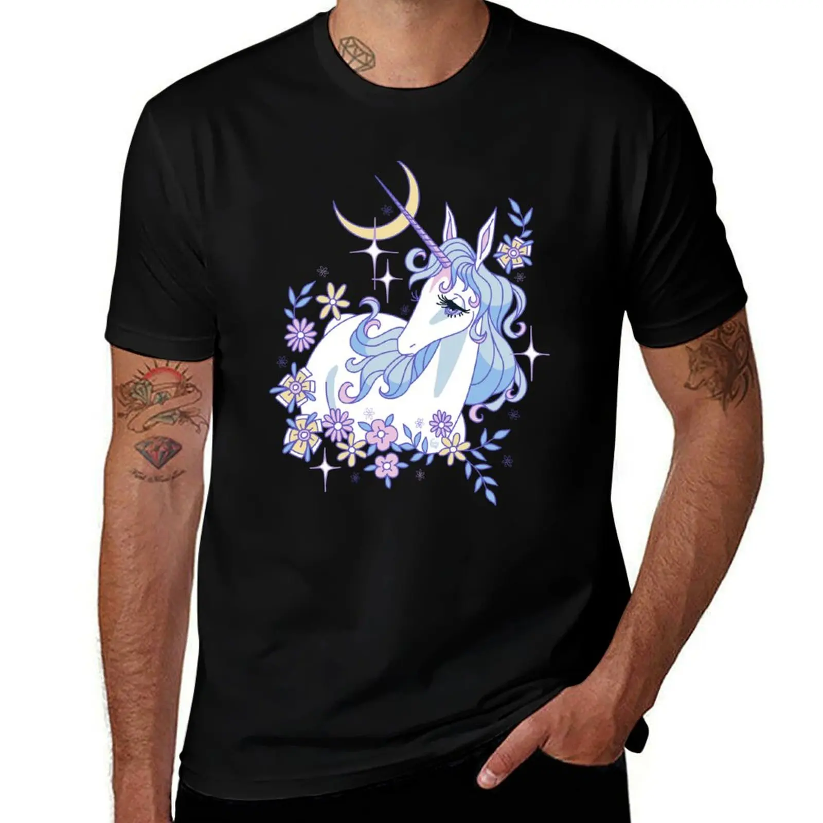 

The Last Unicorn Floral Moon Drawing T-Shirt man t shirt graphic printed t shirts for man anime tshirt T-Shirt