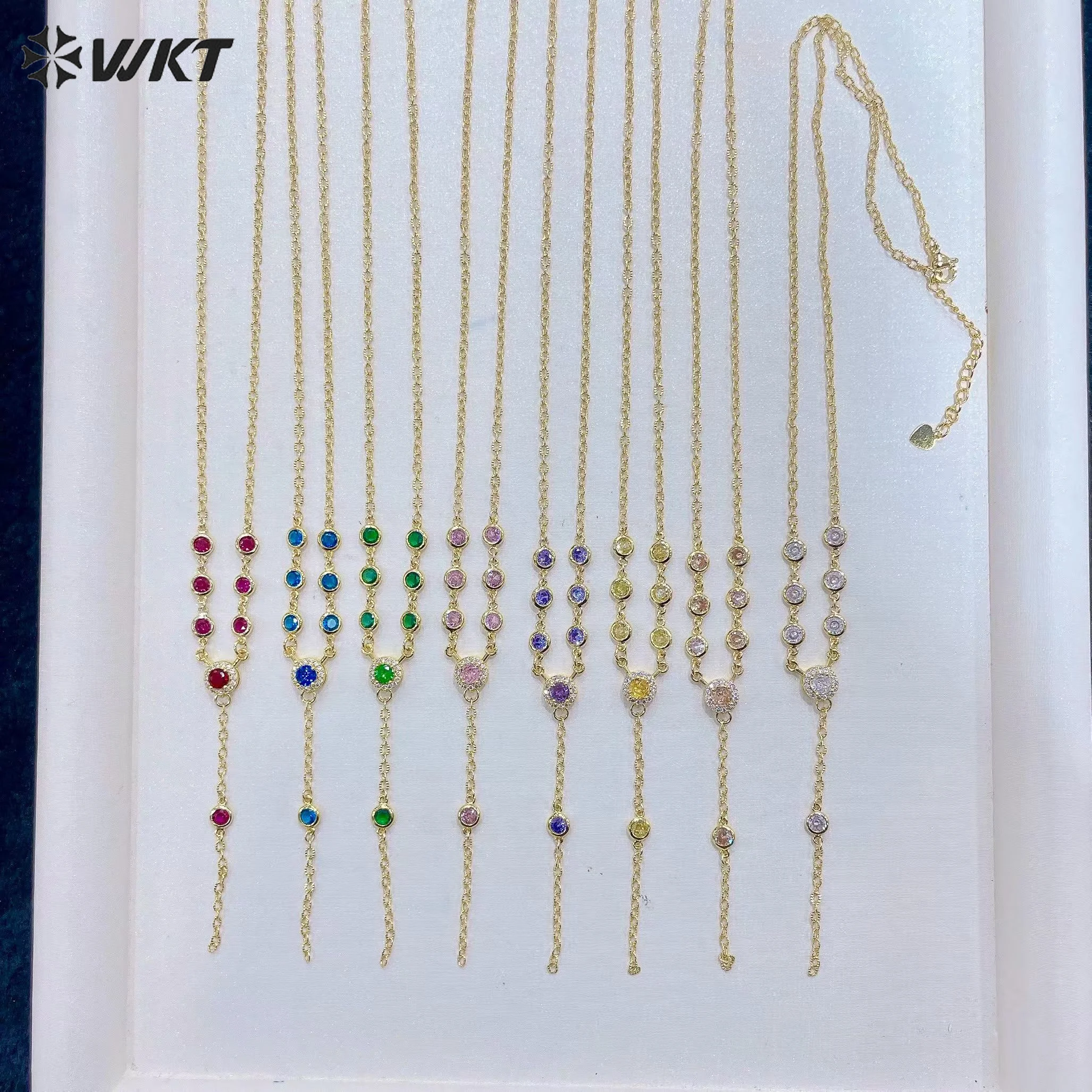 WT-MN1005 Simple Design Gold Electroplated Colorful Cubic Zircon Thin Chain Necklaces For Women Daily Decorative Jewelry
