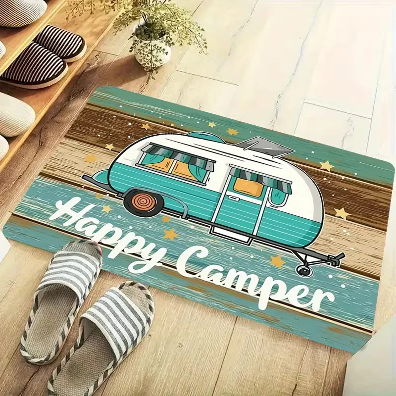 Happy Camper Print Door Mat Non Slip Floor Rug Vintage Wooden Camping Theme Entrance Carpet For Cabin Porch Campsite