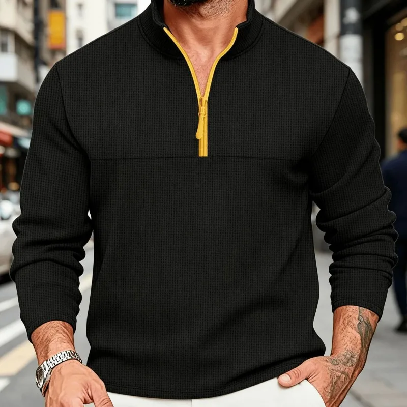 The New Waffle Men's T-shirt From Spring and Autumn Features A Casual and Sporty Color Scheme with Long Sleeves and Half Zippers