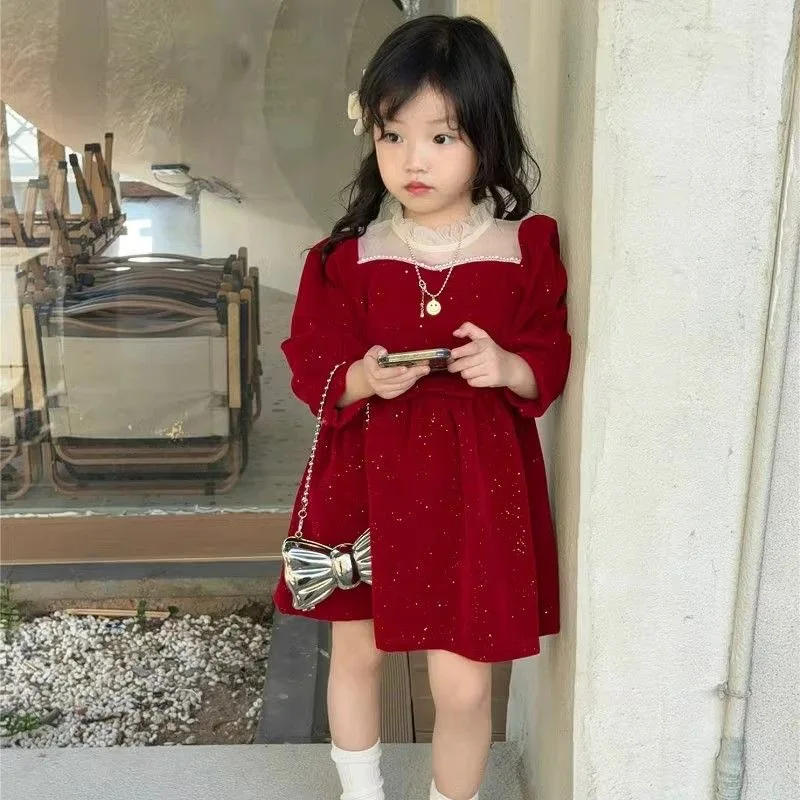 

Girls Dresses Shiny Thickening Clothes Lace Neckline 2024 Kids Baby Autumn Winter Long Sleeve Dress For Girl 2 To 8 Years