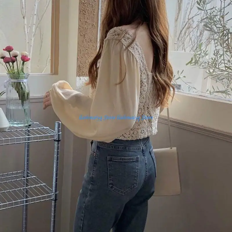 573B Women Sheer Puff Long Sleeve Shirts Autumn Vintage Sqaure Neck Thin Blouse Crochet Cover Up Pullover Crop Top view 2