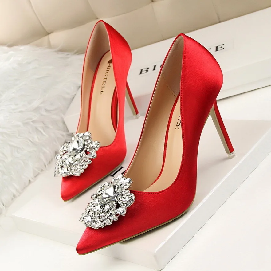 Women Pumps Single Korean Version Women's Thin With Sexy Slimming Shallow Mouthed Pointed Shiny Rhinestone Buckle High Heels Sho