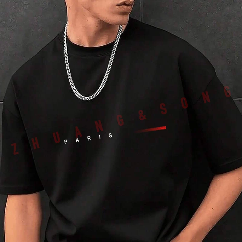 

PARIS Creative Letter Print Moto T-Shirt Men Hip Hop Streetwear Unisex Casual Fashionable Short Sleeve Tops
