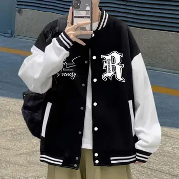 Estilo universitário jaqueta bomber masculina carta impressão gola casual rua solta retalhos jaqueta da equipe cor combinando jaqueta masculina