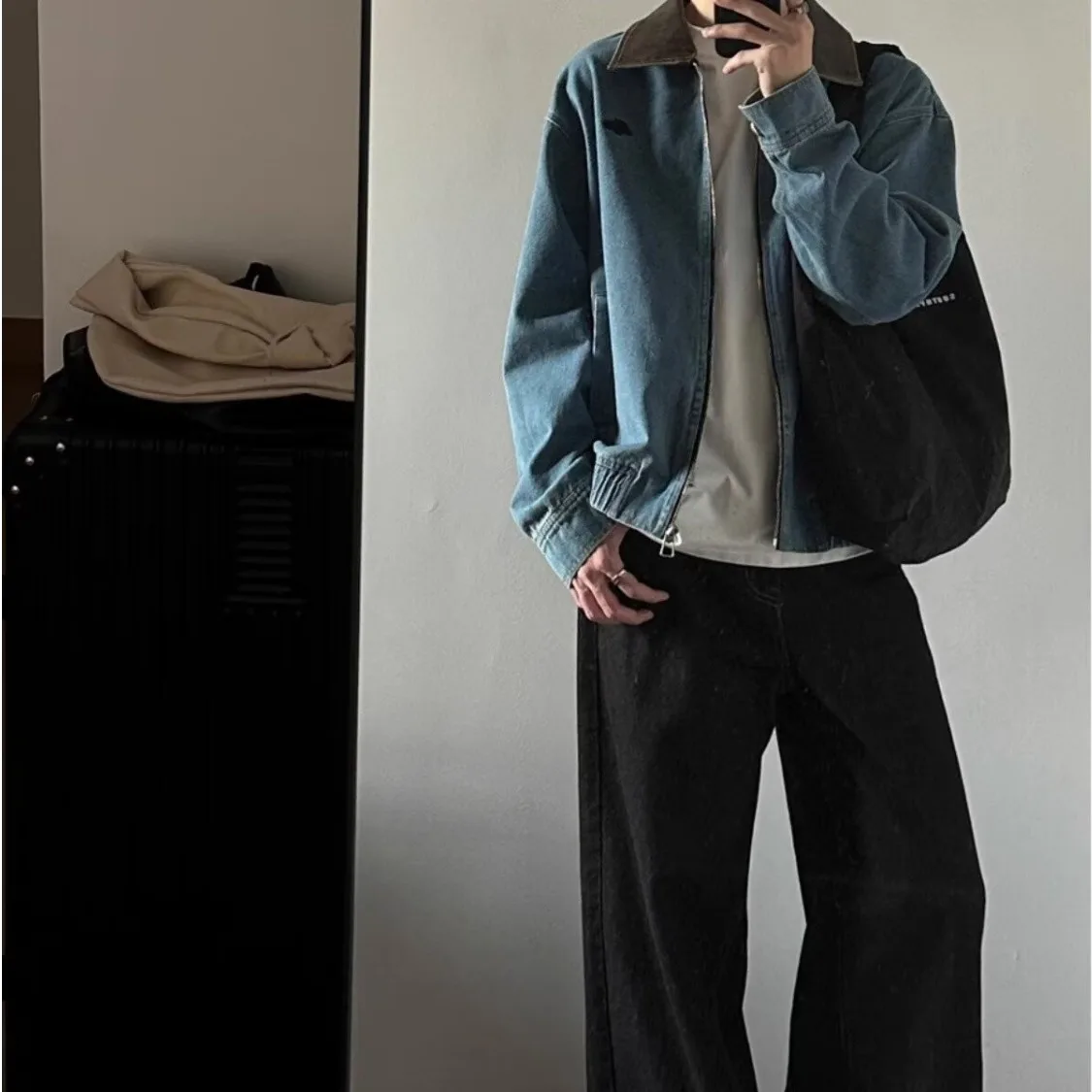 

Loose Fit Casual Youth Zipper Denim Jaet Men's Leather Collar Jaet Autumn Trendy American Retro Top Wear Outerwear