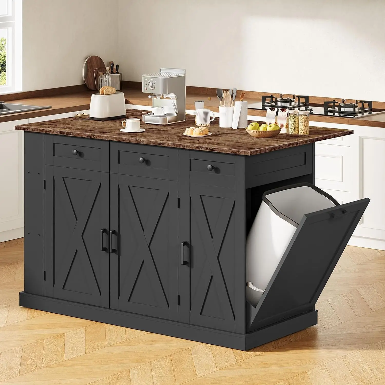 51.2 Movable Kitchen Island Table with Foldable Top, Kitchen Island Cart with Storage, Trash Bin Cabinet, Customized