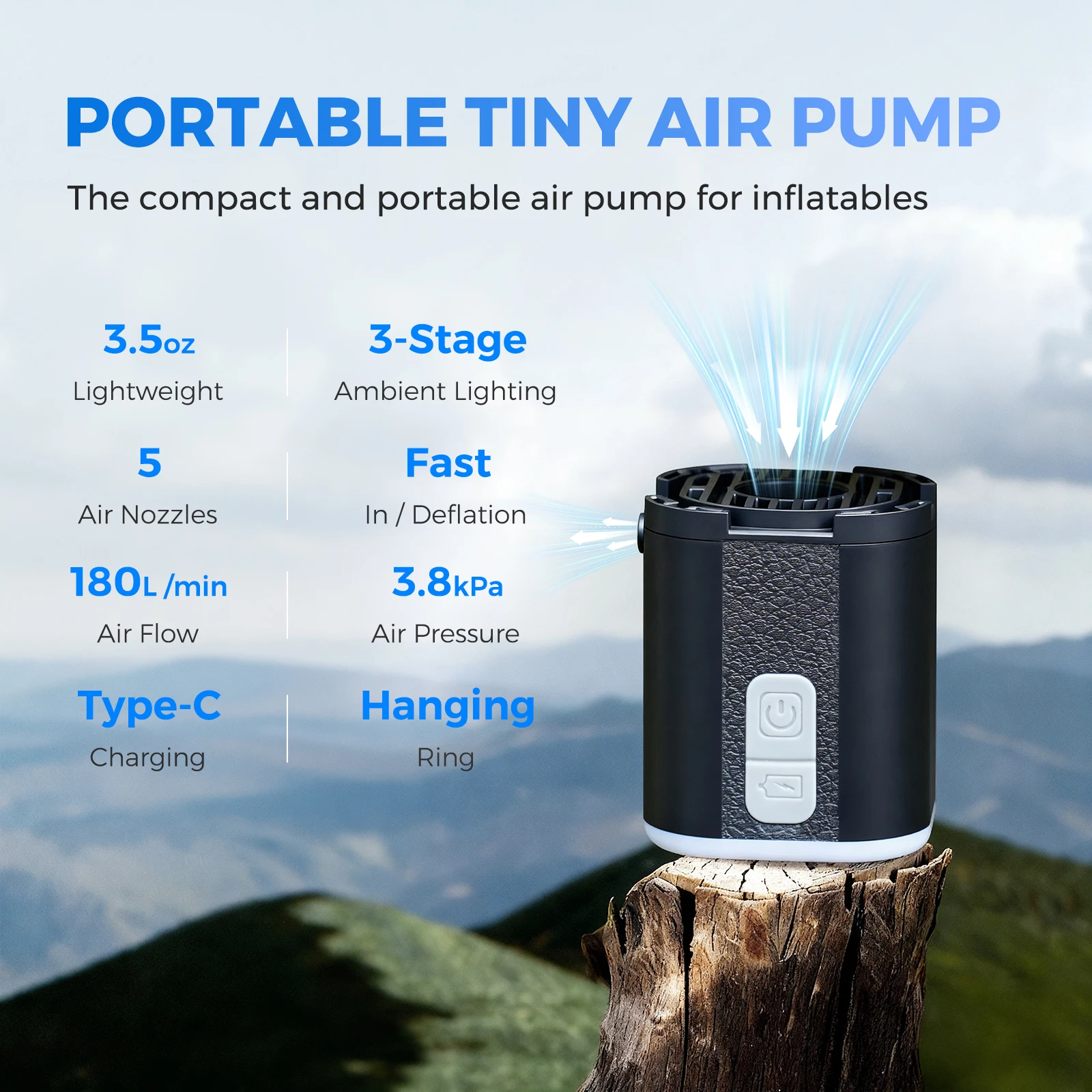 Bomba de aire portátil, mini inflador de aire con luz de camping, carga USB-C, para colchonetas, colchón de aire, bolsas de vacío, juguetes para piscina