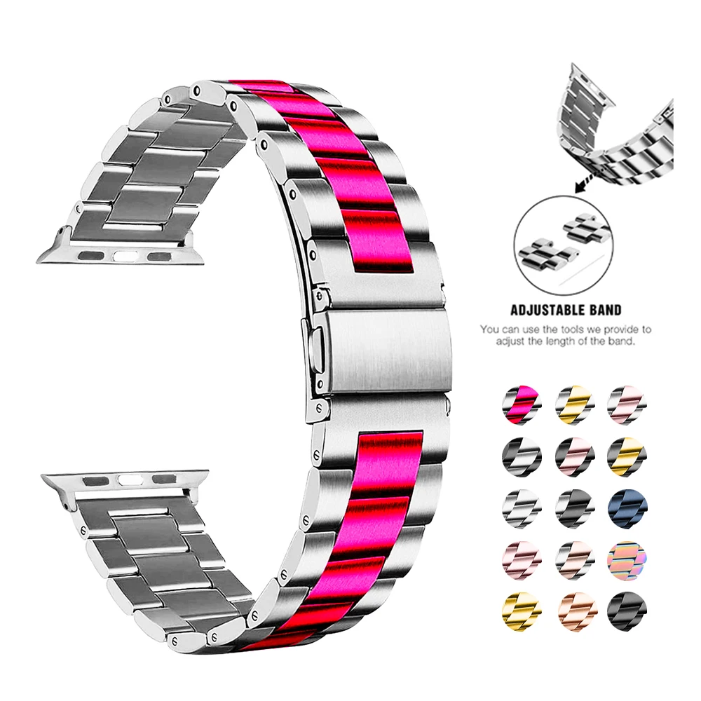 New Solid 304 Double Button Clasp Stainless Steel Metal Watch Band Strap Men Belt For Apple  iWatch 7 Bracelet 41mm 45mm