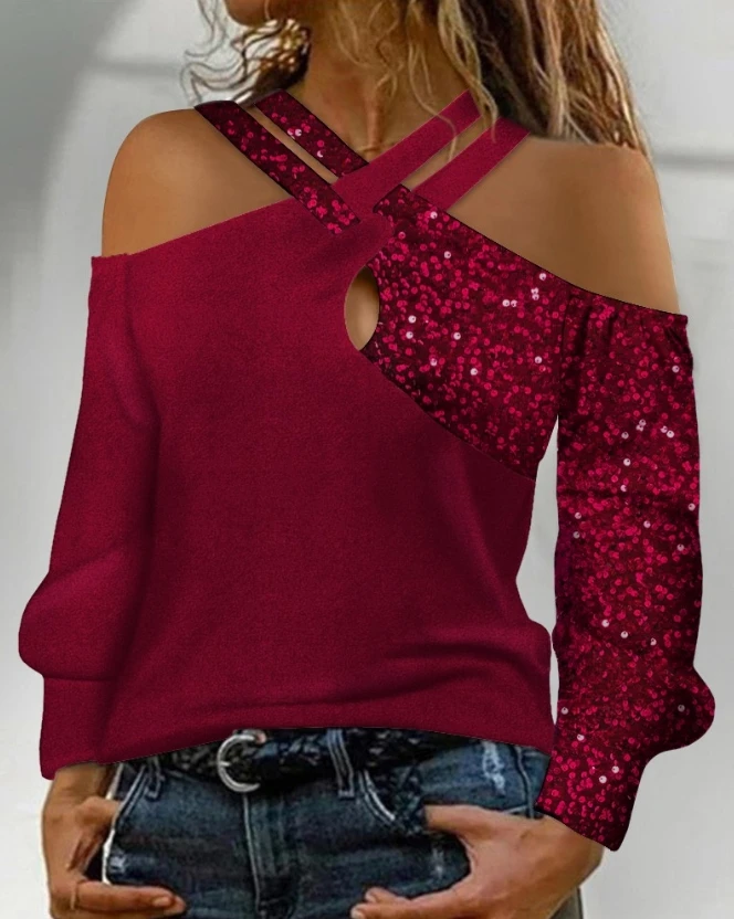 

Blouse for Women 2023 Spring Colorblock Crisscross Long Sleeve Tees Contrast Sequin Cold Shoulder Top Outfits Female Clothing