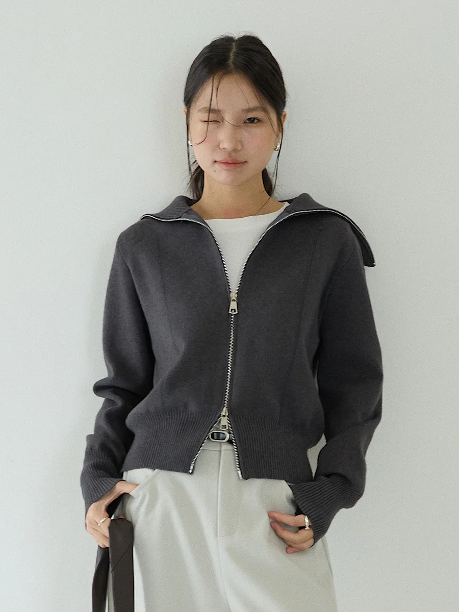 

Double Zipper Knitted Open Cardigan Women's Loose Fit Casual Sle Korean Faion Slimming Flip Collar Autumn Winter New Arrival