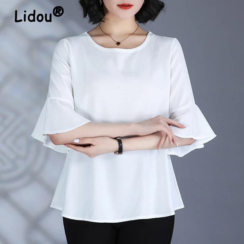 2024 New Summer Women\'s Fashion Elegant Simple Blouse White O Neck Half Sleeve Chiffon Shirt Casual Loose Tops Blusas Para Mujer