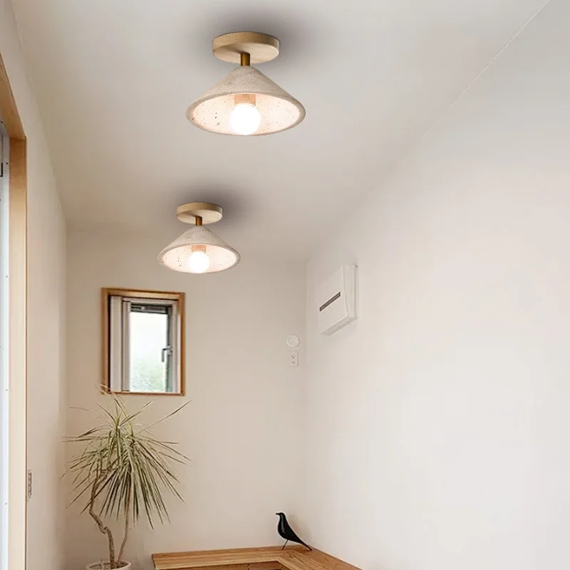 Wood Canopy LED Ceiling Lamp Yellow Travertine Home Interior Living Room Corridor Wabi Sabi Ceiling Light