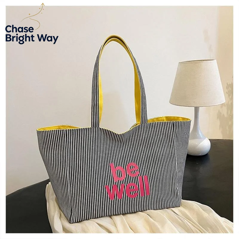 Large Capacity Yellow Canvas Tote Bag With Striped Lining Inspirational Print For School Commute Shopping Daily Use