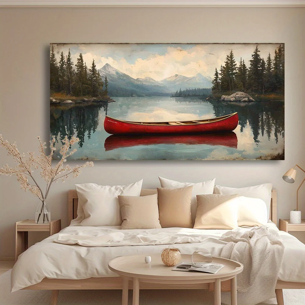 Large-sized frameless canvas paintings,Large Mountain Red Canoe Posters and Prints Modern Landscape Art Canvas Painting Wall Art