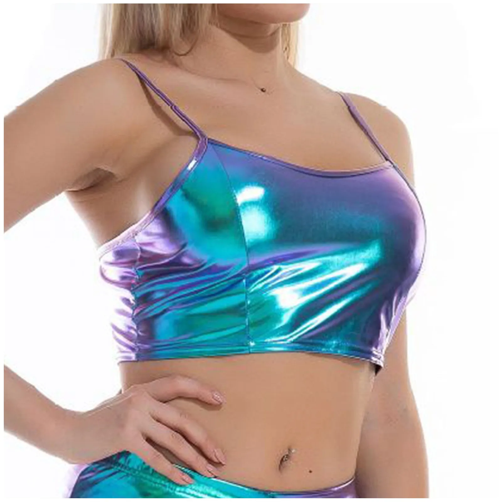 Women Metallic Crop Shiny Bra For Dance Festivals Costumes Adjustable Hot Stamping Solid Color Suspender Chest Wrap Brattle