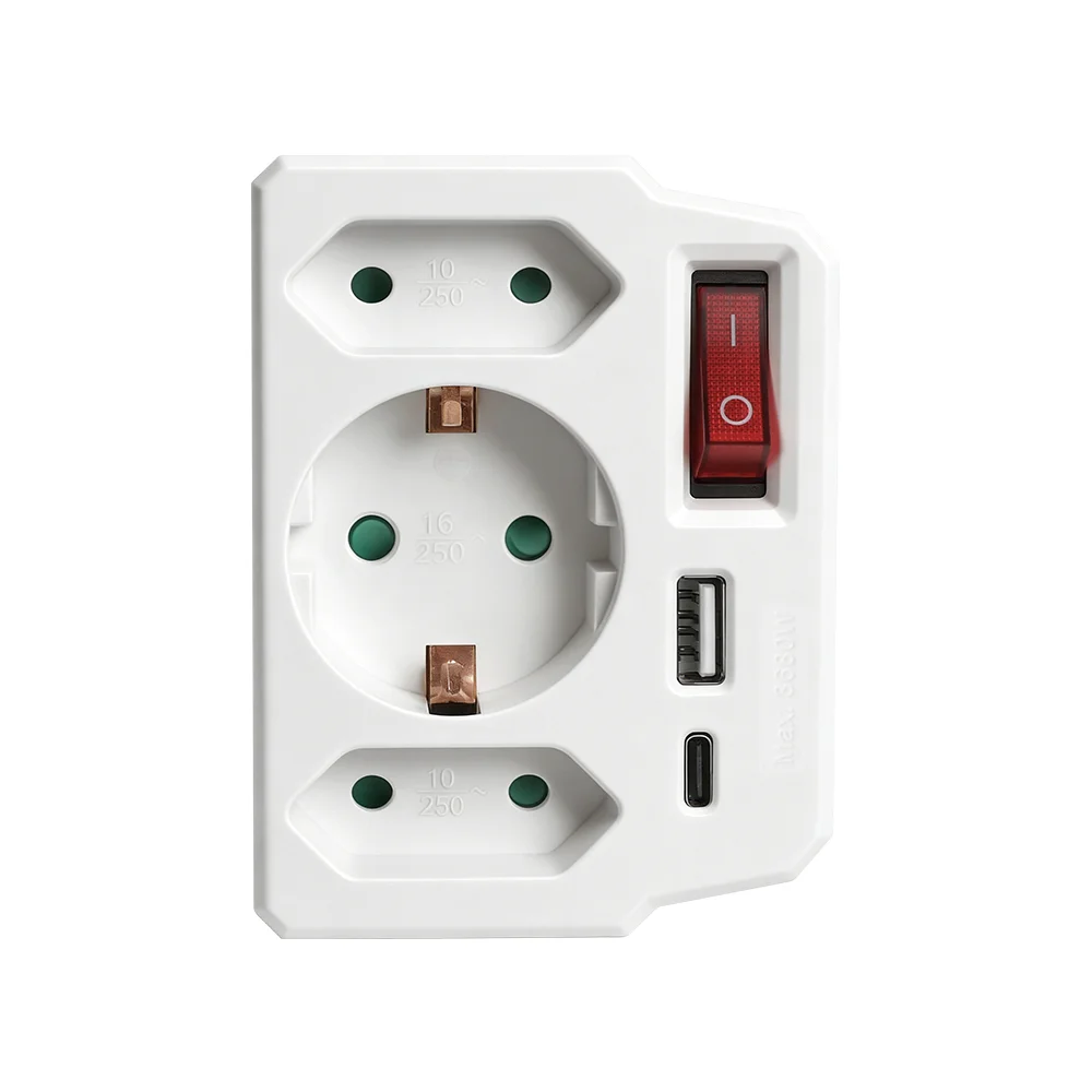 Eu 1 to 3 EU Schuko Wall Outlet Converter, Germany 2P Adapter with Switch 16A, Type E / Type-C / USB Ports, Home Extension Socke