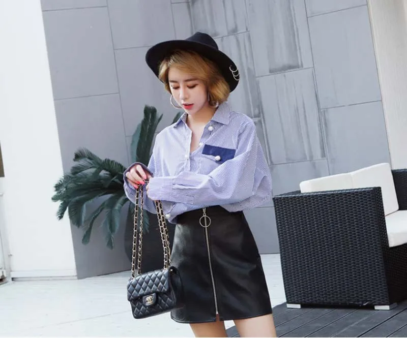 European and American Style New Fashion Women High Waist Zipper PU Leather Skirt