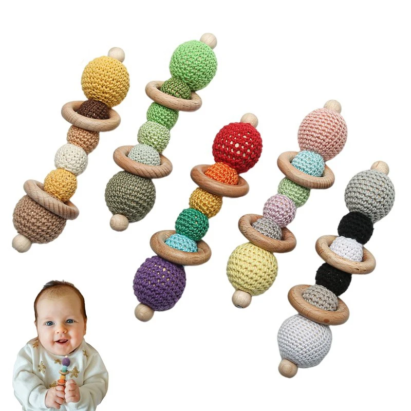 1 stuk baby gehaakt houten rammelaar kraal hout dubbele cirkel rammelaars bpa gratis baby speelgoed handgemaakte kralen baby bijtring speelgoed geschenken