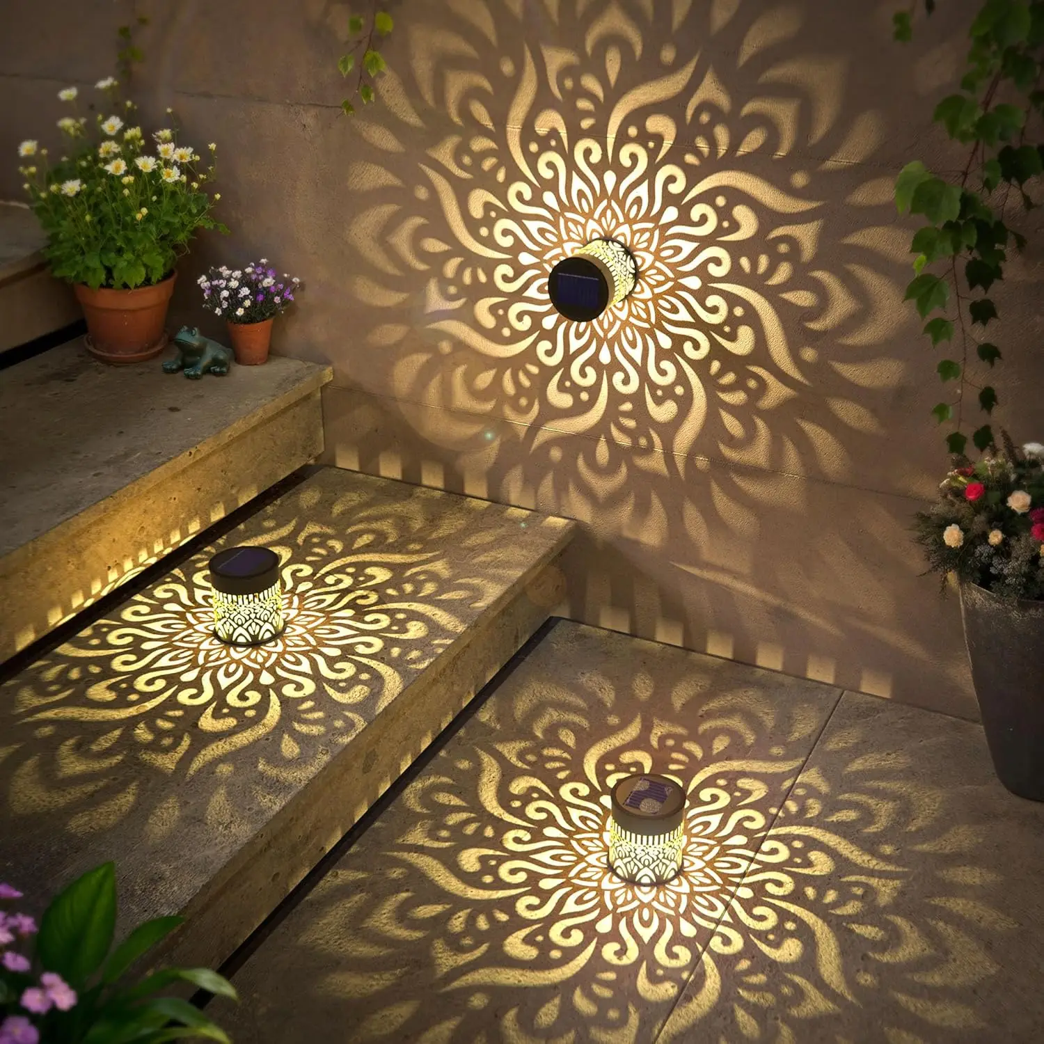 2-Pack Solar Garden Lights IP65 Durable Metal Outdoor LED Lanterns with Mandala Hollow Design Weatherproof Ambient Night Lights for Yard Patio Deck Stairs Walls Driveway Fence - view 6
