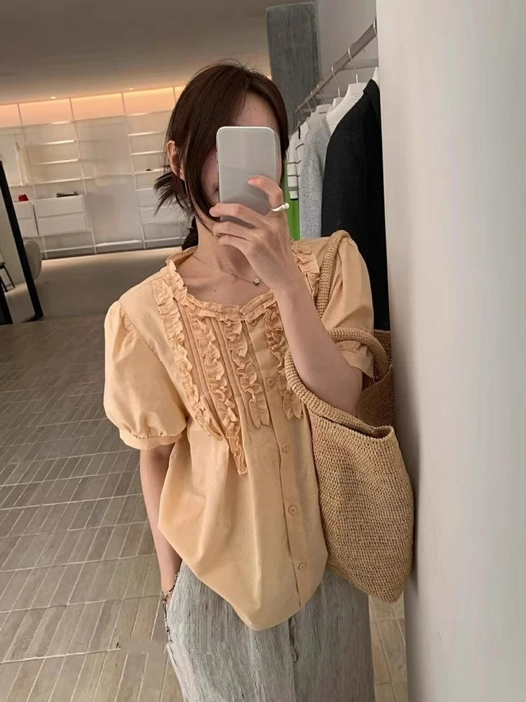 

Fashion Ruffle Patchwork Versatile Shirt for Women's Summer New Retro Korean Causal Short Sleeved Top