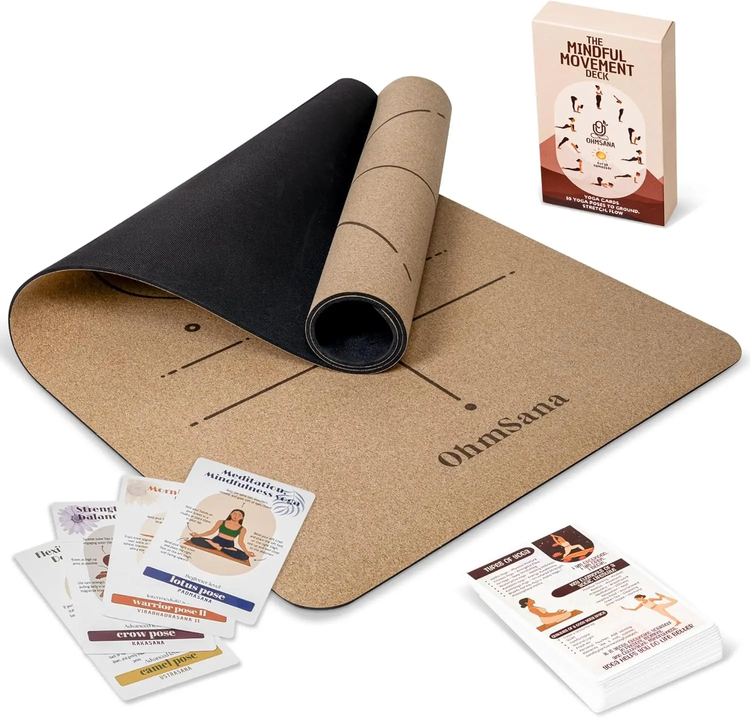 

Natural Cork Yoga Mat with Alignment Lines, 55 Cards for Beginners - Non-Slip Eco-Friendly, 183x66x5mm for Home Workouts