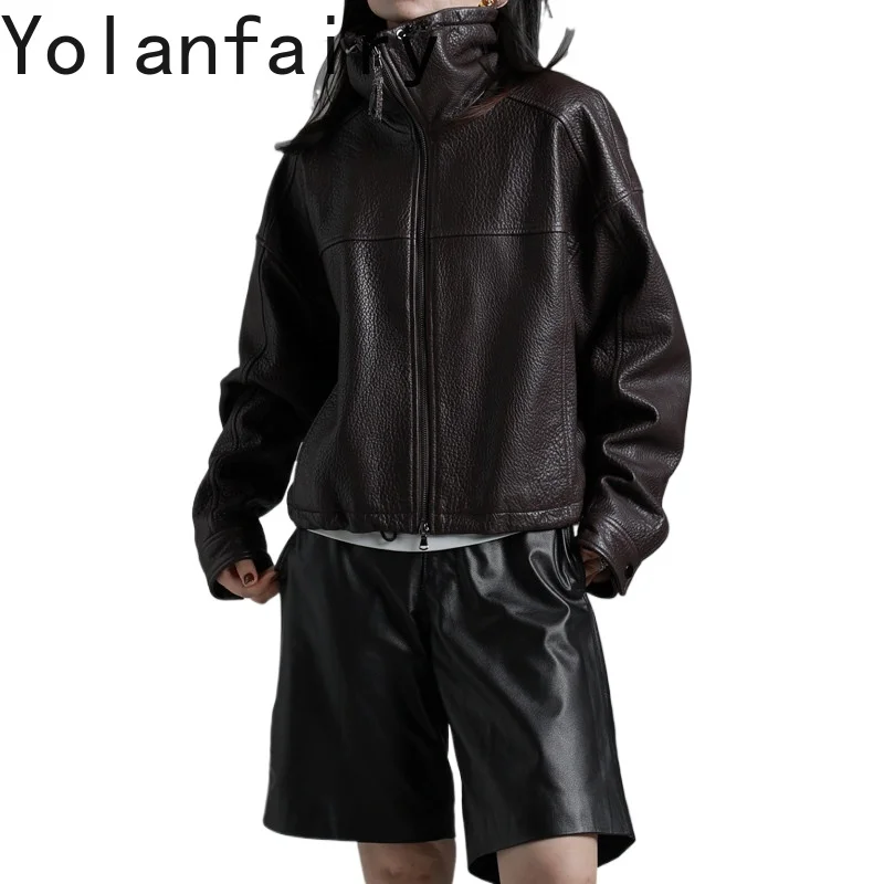 

YOLANFAIRY Bubble Textured Real Sheep Leather Coat Women Vintage Old Money Cropped Short Genuine Sheepskin Leather Jacket 2026