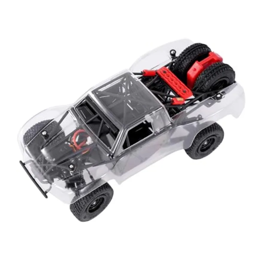 

RC trophy truck kit for adults: 1/32 scale mini roll cage drift car, ABS plastic chassis, black with red accents, DIY unassembl