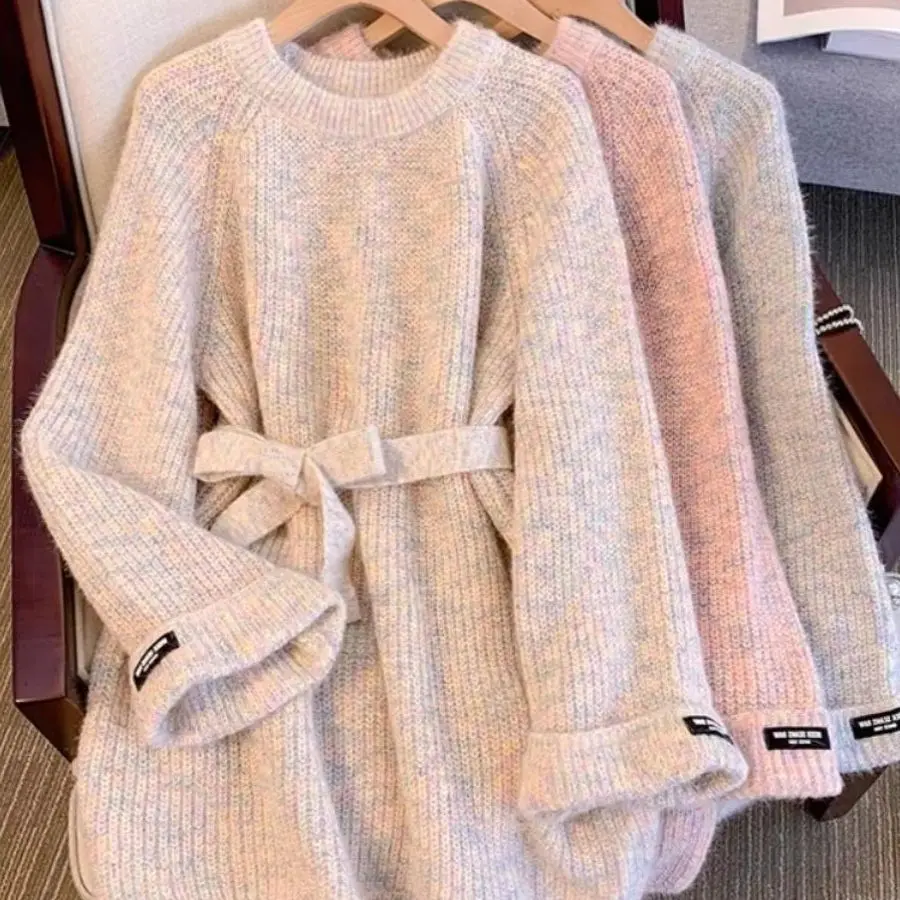 

Женское элегантное платье-свитер на шнуровке, осень-зима 2024, новый мягкий свободный пуловер с круглым вырезом и длинными рукавами, вязаный топ средней длины