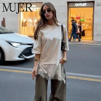 MUJER Polo-Camiseta de encaje para mujer, camiseta sin mangas informal con contraste, Top asimétrico de manga corta para mujer, ropa de calle holgada para mujer