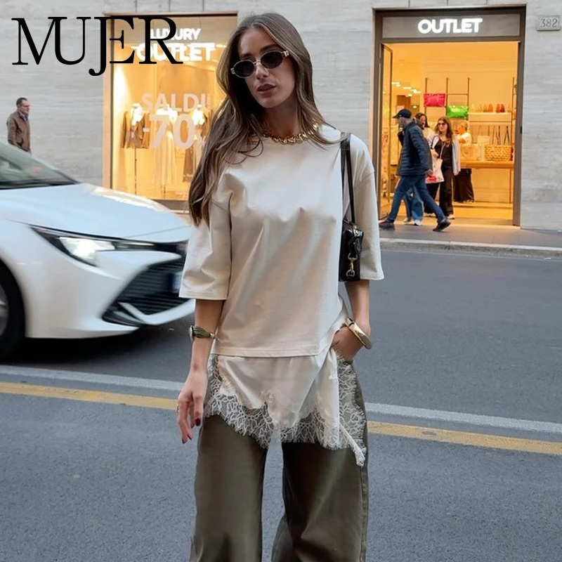 MUJER Polo Lace T Shirt Woman Contrast Casual Tank Top Women Short Sleeve Asymmetric Top Female Streetwear Loose Women's T-shirt