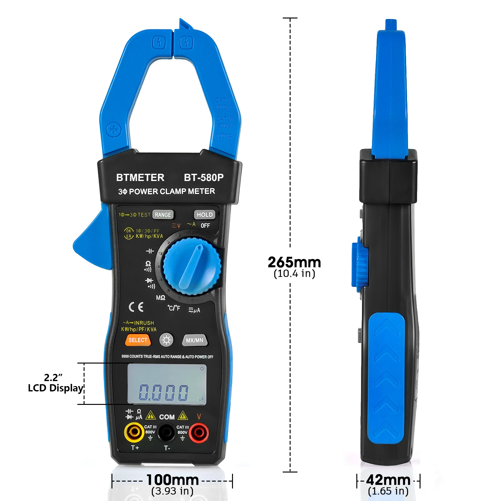 3-Phase True-RMS Power Clamp Multimeter - 9999 Counts, AC/DC Voltage, Amperage, KW/HP, Power Factor, KVA/VAR