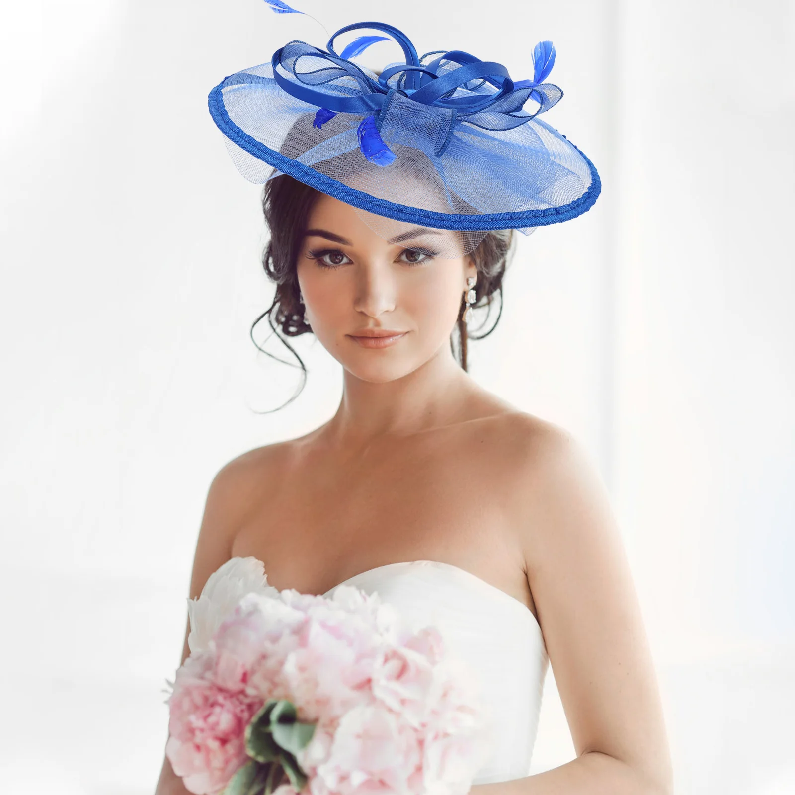 الأزرق شبكة غطاء الرأس الريشة عقال مقاطع الشعر الزفاف ديكور الزفاف الحجاب الزهور الفاسناتور قبعة دائم اللون سريع خفيفة الوزن