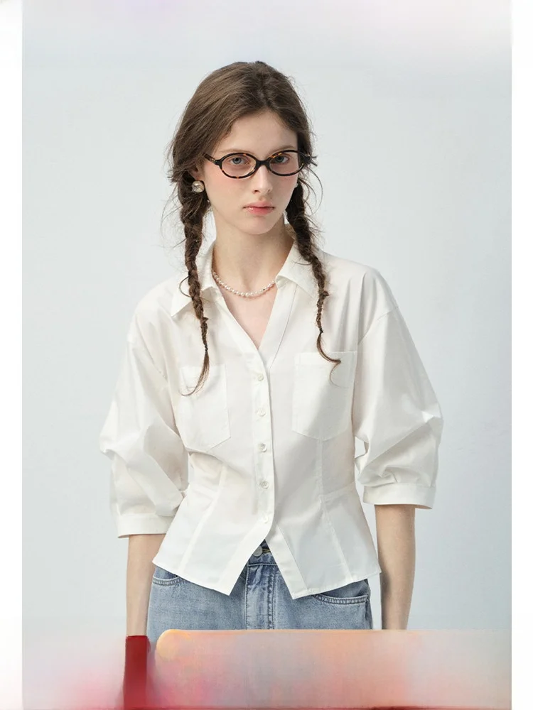 

Белая приталенная женская блузка VEGA CHANG с рукавами-фонариками, тонкая, с зауженной талией, для офиса, весна, новинка