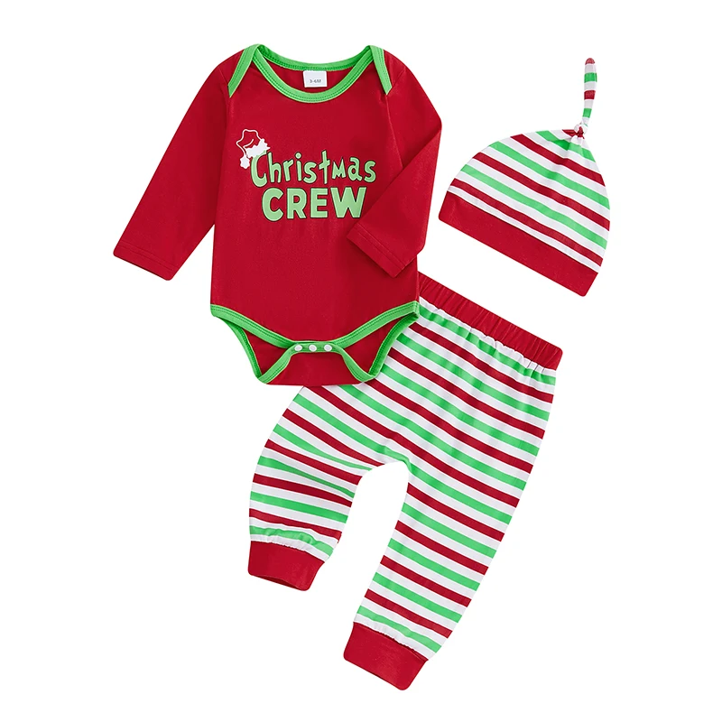 

Baby Boys Christmas Pants Sets Long Sleeve Letter Santa Hat Print Romper Striped Pants Hat Sets