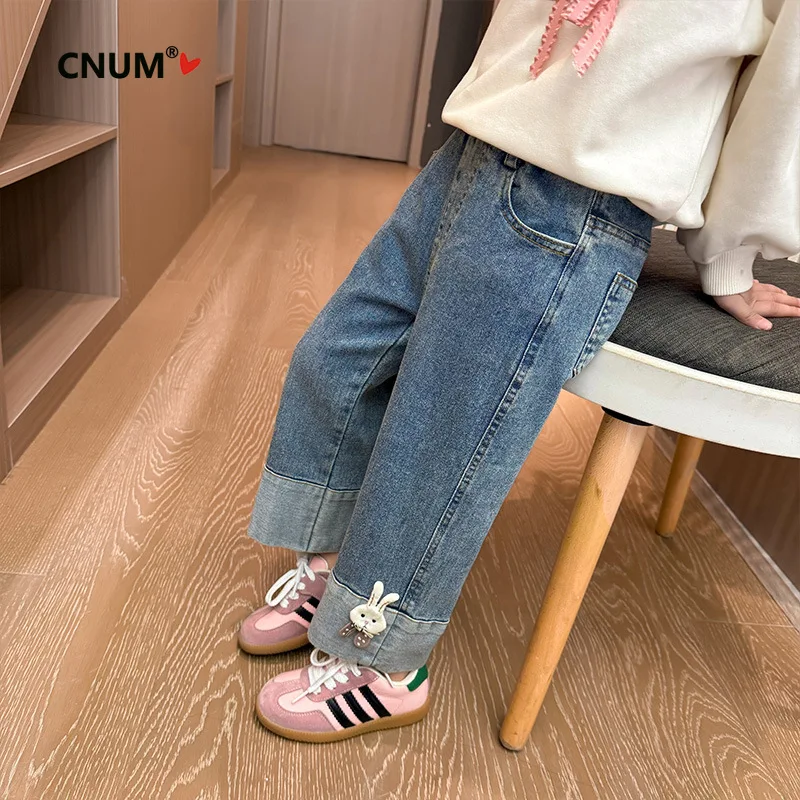 CNUM Children's Jeans 2026 New Stylish Little Girl Cute Cartoon Rolled Hem Trendy Wide-leg Pants Trendy Jeans