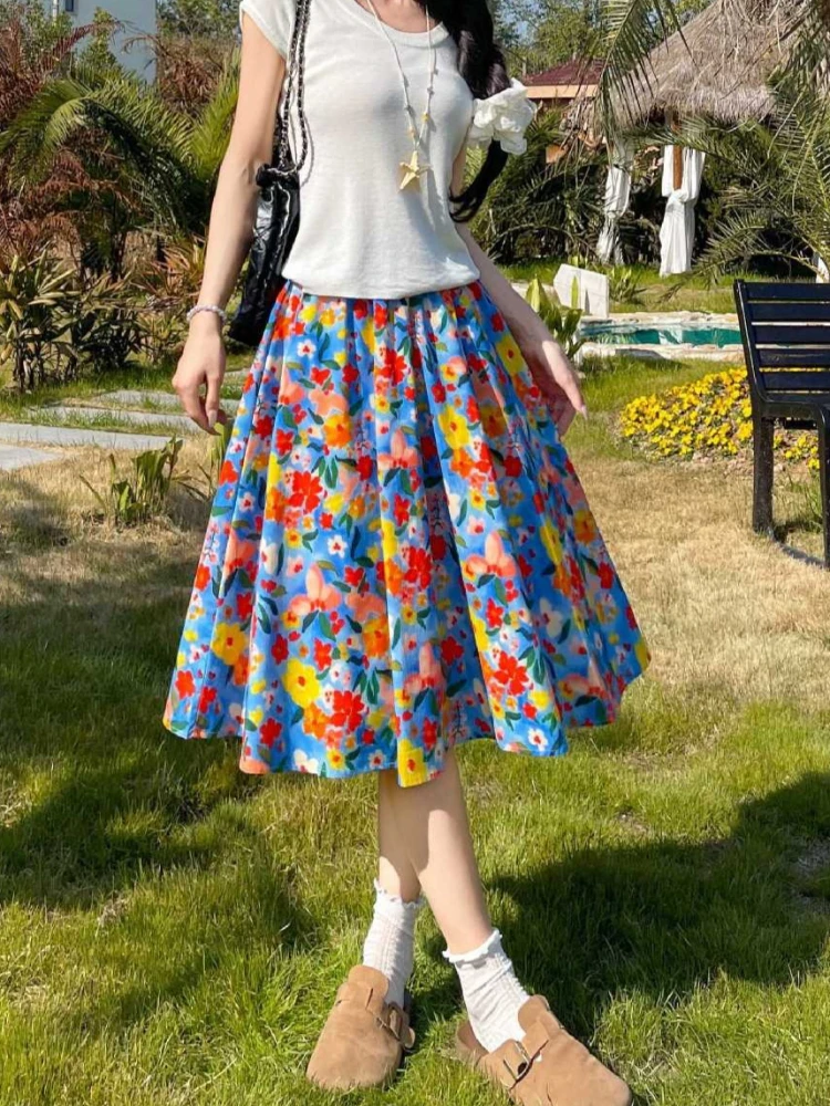 

Юбка с цветочным принтом, весенне-летняя новинка, корейская мода, нежный стиль, женская юбка с тонкой эластичной талией, средней длины.