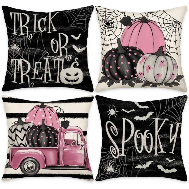 Halloween Decorative Pillowcase 18x18 Set, 4-piece Set, Weird, Trick or Treat, Pumpkin Talk, Black Pink Pillow Cover