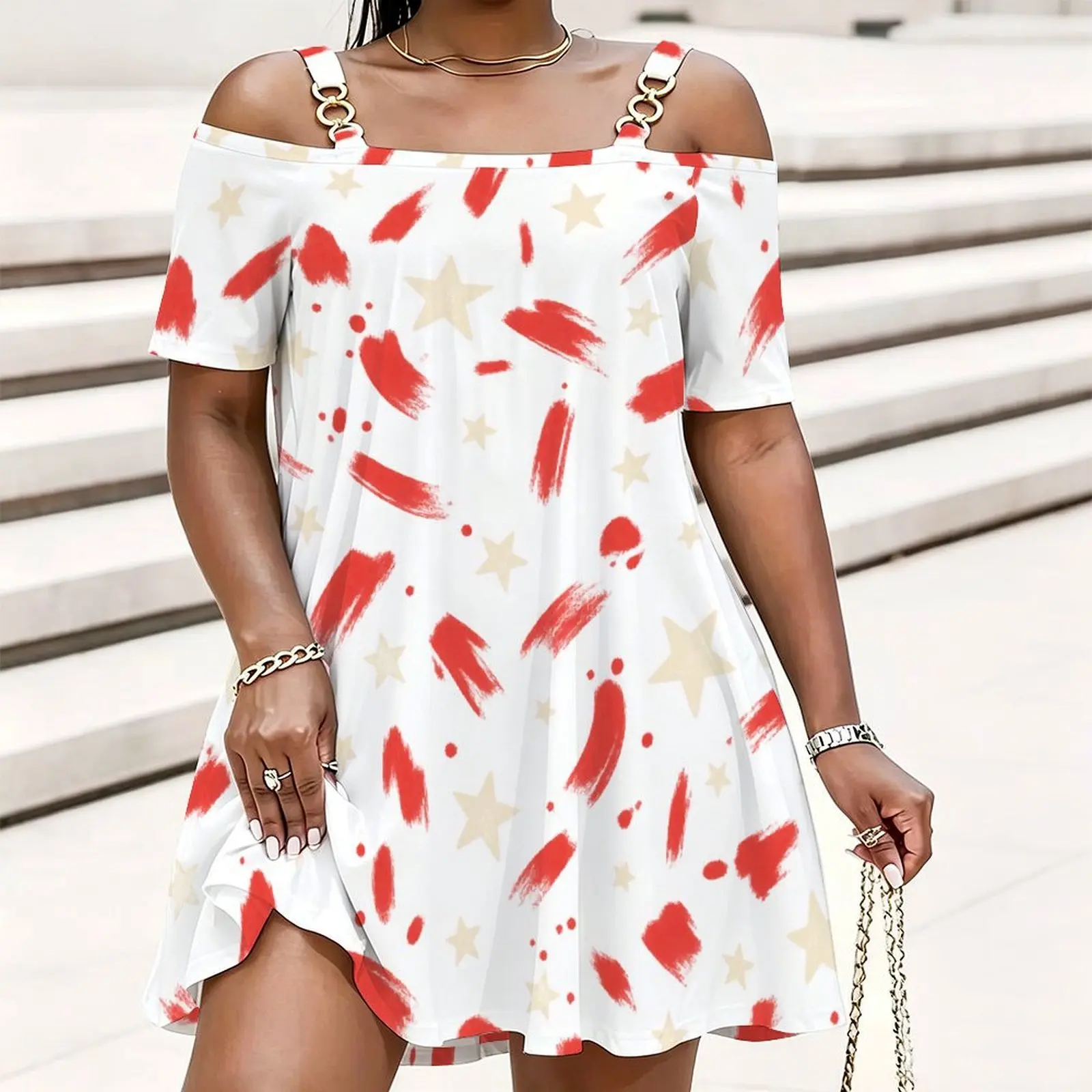 Women White Black Hot Pink Abstract Printed Cold Shoulder Chain Strap Short Sleeve Loose Top