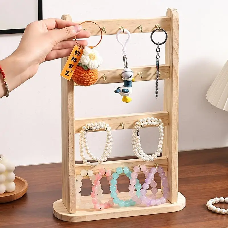 Wooden Multi Tier Jewelry Display Stand With Multiple Hooks For Keychains Bracelets Home Use Retail Vendors