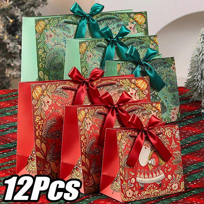 2/6/12pcs Santa Claus Christmas Tree Bags with Handles Red Green Printed Paper Gifts Wrapping Bag New Xmas Party Favor Pouches