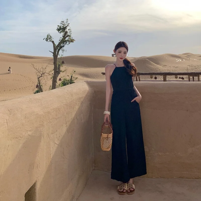 

Элегантный женский комбинезон с лямкой на шее, новый летний черный комбинезон без рукавов с высокой талией и открытой спиной, широкие брюки, модный офисный халат