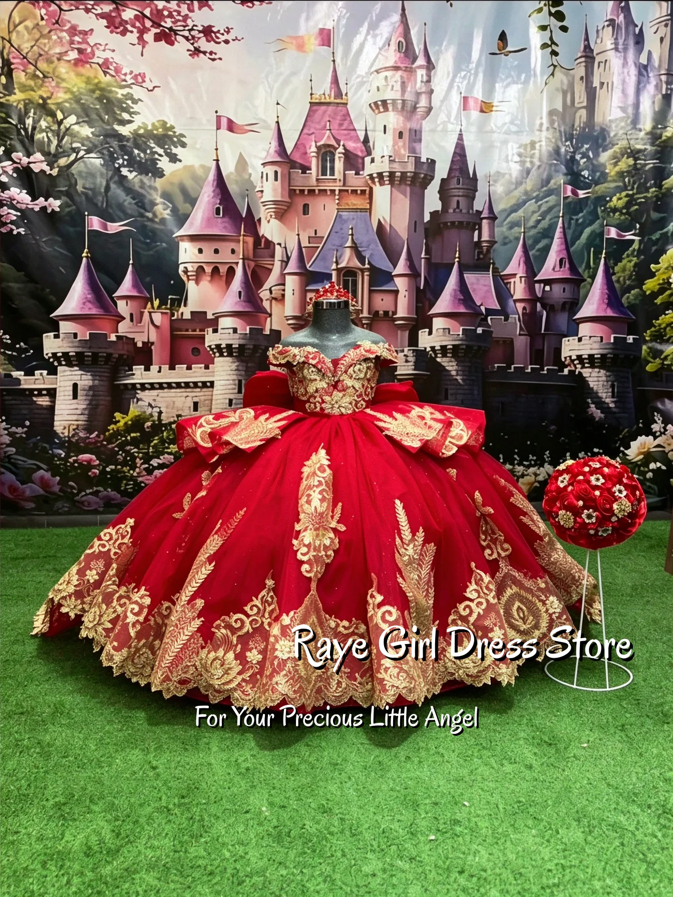 Off Shoulder Red Flower Girl Dress Gold Embroidery Big Bow Ball Gown Wedding Birthday Pageant Photoshoot Princess Gown