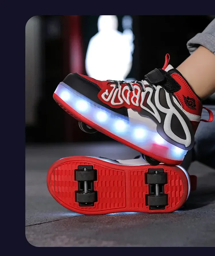 Sepatu roda anak laki-laki perempuan, sneaker olahraga 4 roda lampu Led hadiah permainan luar ruangan